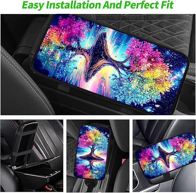 JANENFNA Car Armrest Cover Pads Universal Fashion Cute Auto Center Console Armrest Cover Pad with 2PCS Car Coasters Soft Waterproof Car Armrest Seat Protector for Women,Rainbow Tree