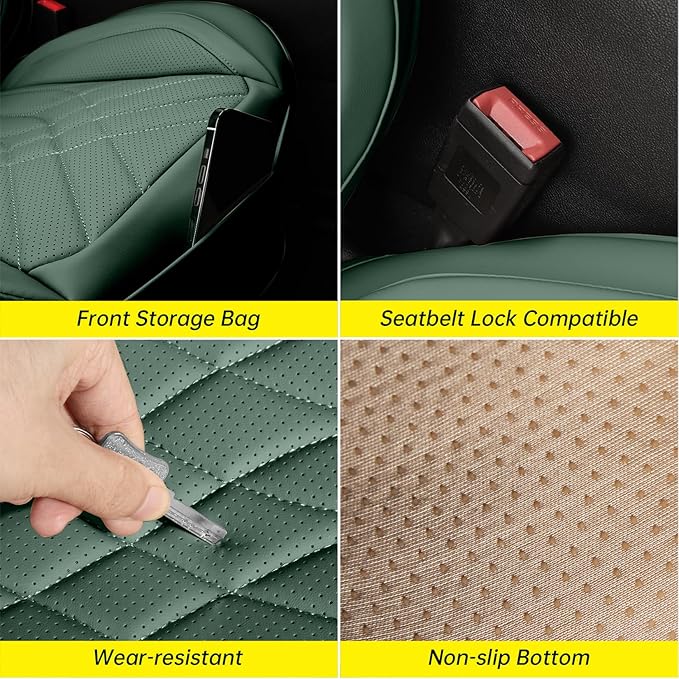 GEZHOUBA Green Car Seat Covers Full Set, Full Coverage Luxury Leather Green Seat Covers for Front and Rear Car Seats Waterproof Anti-Slip Cover Set Universal Fit for Most 5-Seater Cars SUVs