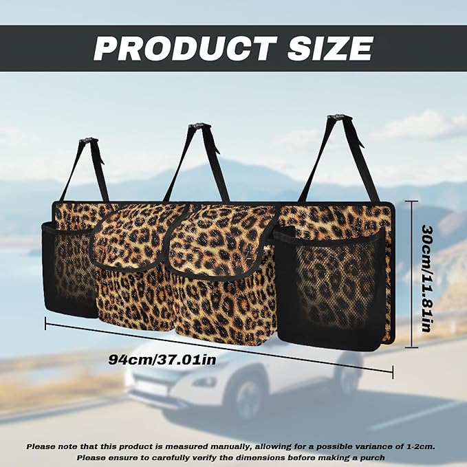 CLOHOMIN Leopard Print Backseat Car Organizer Large Capacity Car Trunk Mesh Storage Hanging Car Trunk Organizer with 4 Pockets Easy to Install Car Trunk Storage Bag Car Accessories