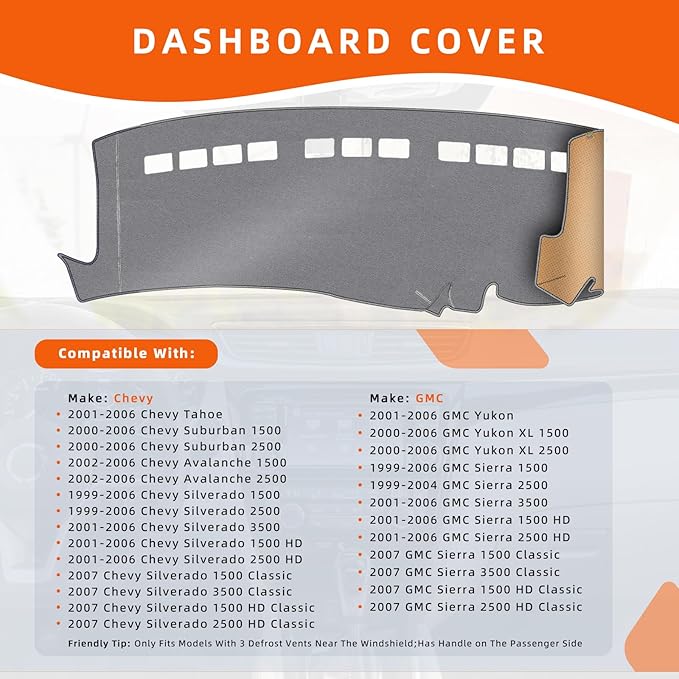 KEYOOG Dashboard Cover Dash Mat Fit for Chevy 06-99 Silverado 1500,06-02 Avalanche Tahoe/G-MC 06-99 Sierra 1500,06-01 Yukon Car Dash Board Mat Anti-Glare Carpet,Non-Slip Pad (Grey)