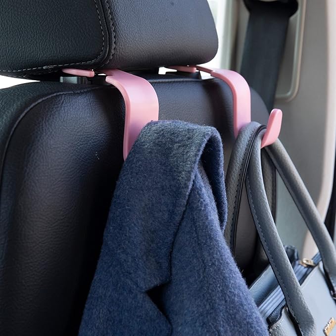 Amooca Universal Car Headrest Hooks, Car Organizer Hanger Storage Hooks for Bag Purse Cloth Grocery (Pink Set of 4)