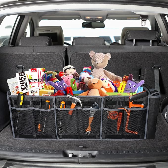 EAROND Collapsible Trunk Organizer with Insulated Leakproof Cooler Bag,Removable Lid,Adjustable Securing Straps,3 Compartments Trunk Organizer for SUV,Truck,Sedan(Grey & Black)