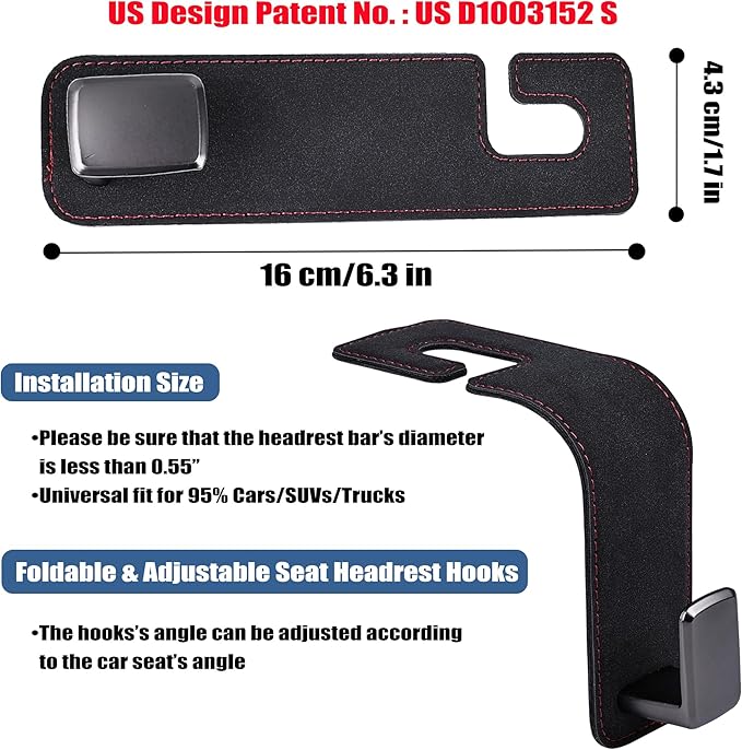 Amooca Car Seat Back Hook Universal Auto Storage Hanger Suede with Metal Car Seat Organizer for Handbag Purse Coat Umbrellas Grocery Bags 2 Pack Black