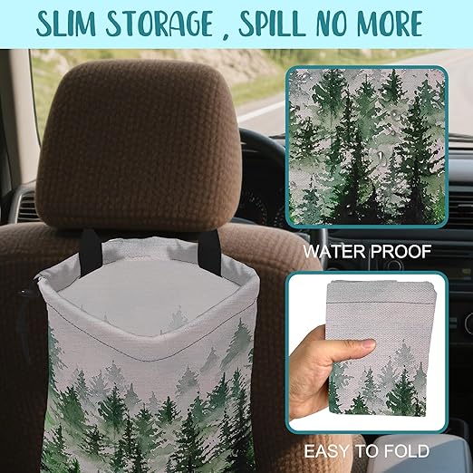 KXWQTRDD Car Trash Bag Foggy Forest Hanging Drawstring Car Organizer and Storage Bag with Adjustable Buckle Canvas Garbage Bin for Back Seat or Hanging Headrest Car Decor Road Trip Essentials