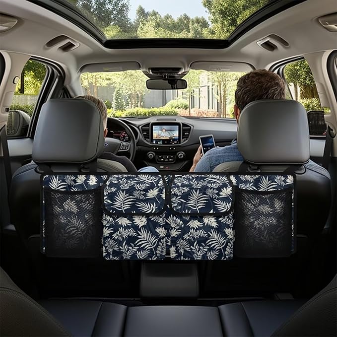 Dreaweet Palm Leaf Print Trunk Organizer for Car Women Portable Trunk Organizers for SUV with 4 Pockets Collapsible Trunk Storage Organizer Backseat Hanging Car Organizer for Sedan Truck Van