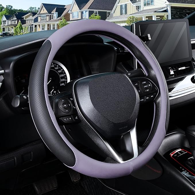 SEG Direct Steering Wheel Cover for 14.5-15 inch Wheels, Breathable PU Leather with Perforated Sides, Anti-Slip Grip, Universal Fit for Cars & SUVs, Black and Light Purple