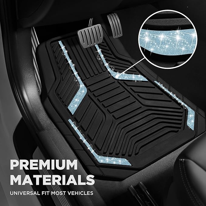 PIC AUTO Car Floor Mats, Light Blue Sparkly Crystal Bling Glitter Car Mats Set, Front and Rear Heavy Duty Rubber Car Mats with Anti-Slip Backing, All Weather, Trim-to-Fit for SUVs, Trucks, Sedan, Vans