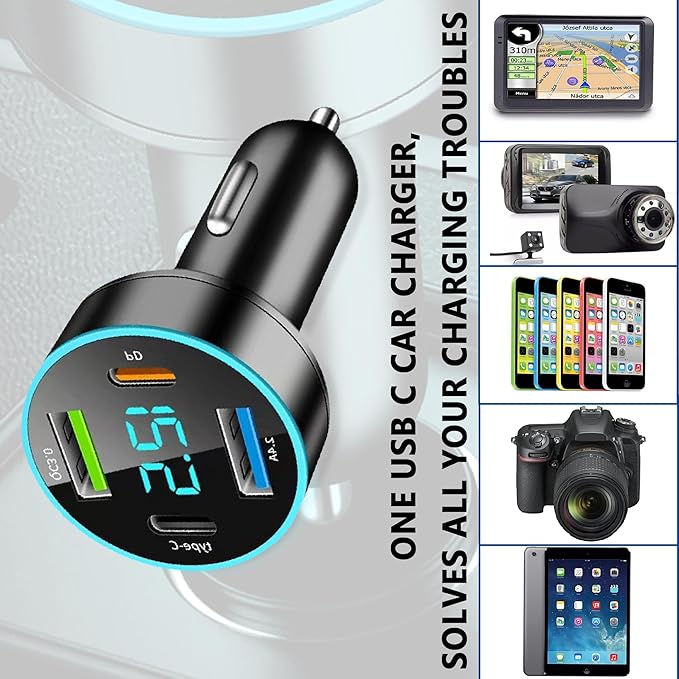 4-Port USB Car Charger,Car Charger Adapter with Blue LED,PD+QC3.0+Type C Ports Car Charger Adapter for Car Truck SUV Compatible with iPhone/Android (QC3.0+PD+2.4A+Type-C)