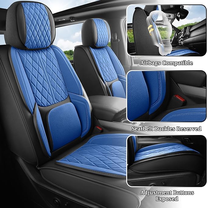 Universal seat Covers Fit for Cars, SUV, Sedans, with Durable and Breathable Leather(Black & Blue, Full Set)