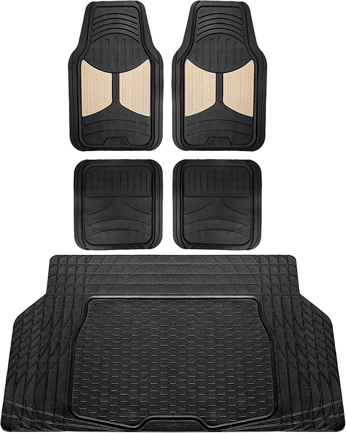 FH Group Monster Eye Full Set Rubber Floor Mats w. Trimmable Vinyl Trunk Liner/Cargo Mat Black- Fit Most Car, Truck, SUV, or Van (Beige/Black) F11313- F16403