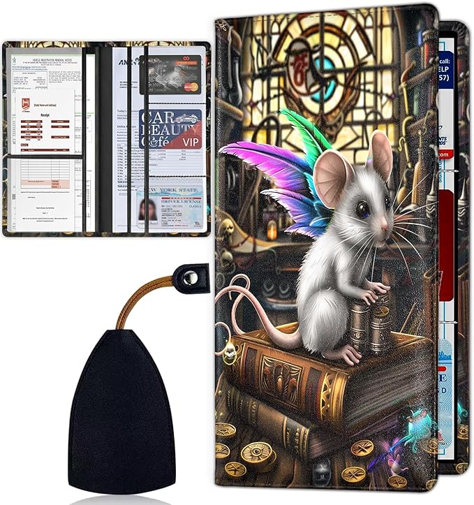 Car Registration and Insurance Card Holder for Women Men, Waterproof PU Leather Glove Box Car Organizer with Magnetic Shut, Vehicle Document Holder for Driver License,Cards, Cute Mouse Pattern