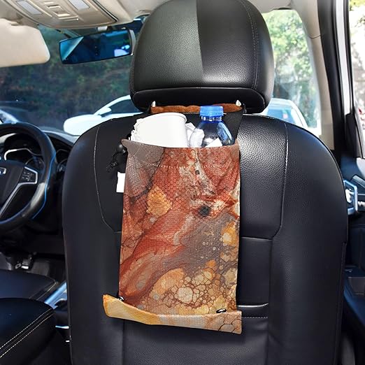 ALAZA Hanging Car Trash Bags Garbage Bag Trash Can for Back Seat Small Marble Orange Washable Storage Bag Retractable 2 Pack