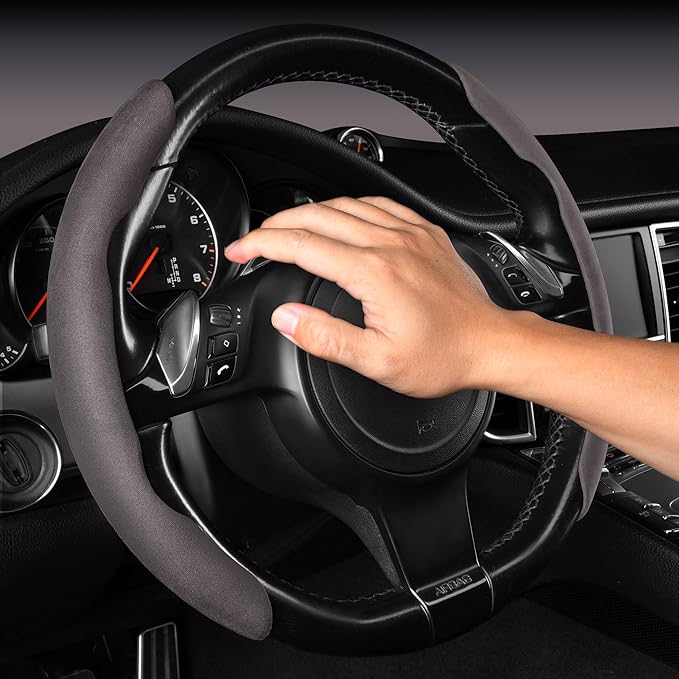CAR PASS Suede Steering Wheel Cover, Segmented Wheel Protector Non-Slip Sporty Car Accessories Universal Fit D-Shape O-Shape 14.5" to 16" Steering Wheel for Men Women, 2PCS Coffee Gray Suede