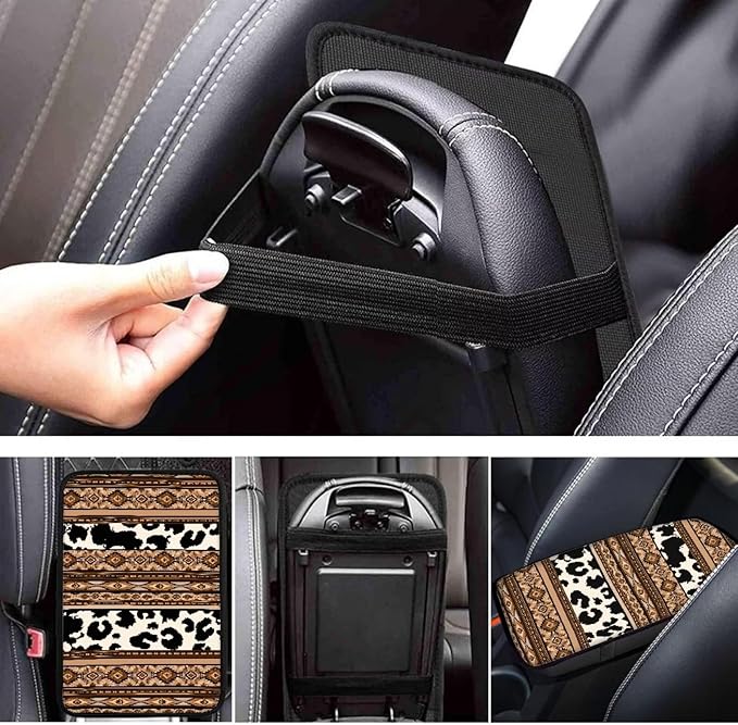 Browm Cow Aztec Auto Center Console Armrest Pad Dustproof Car Center Console Cover Seat Box Cover Cushion Aztec Car Accessories Decor for Sedan, Van, SUV, Truck