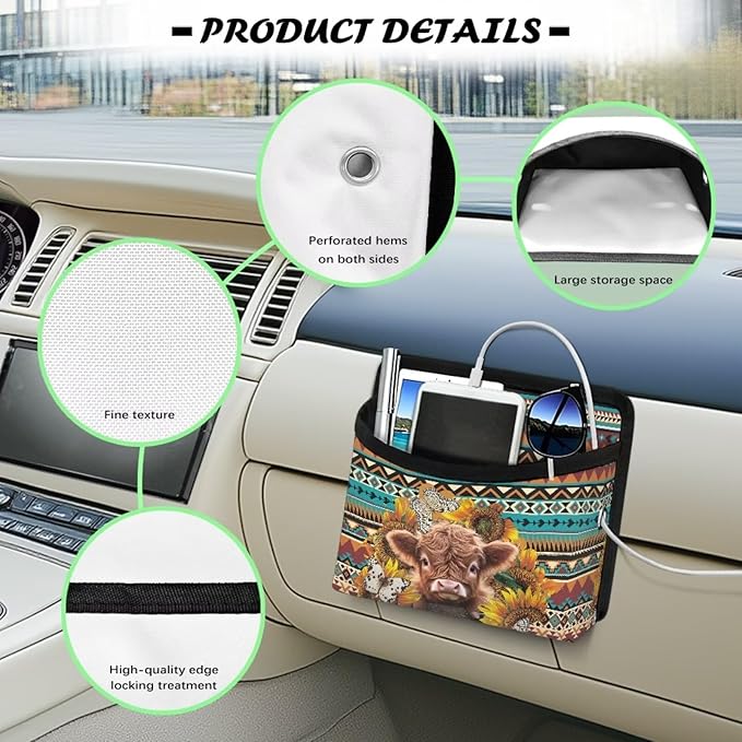Tribal Highlands Cow Car Side Pocket Organizer Holder for Cell Phone Sunglasses Cards Front Back Seat Storage Pocket for Car Small Auto Console Door Window Storage Bag