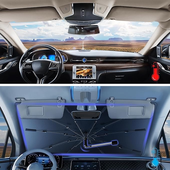 2025 Windshield Sun Shade Umbrella, Foldable Car Sunshade for Mid-Size Sedan, 360 Rotating Automotive Interior Sun Protection for 99% Heat UV Blocking, Auto Heat Shield Accessories(Medium)