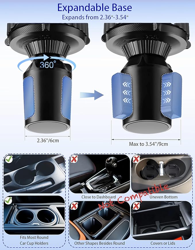Car Cup Holder Tray - 5 in 1 Adjustable Car Cup Holder Expander with Food Tray Table and Phone Mount for All Purpose, Automotive Essentials for Driver and Front Passenger