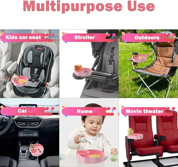 [2 Packs] Kids Car Seat Tray, Travel Tray with Cup Holder for Toddler, Kids Car Seat Food Snack Organizer for Road Trip, Stroller snack tray travel must haves - Blue+Pink