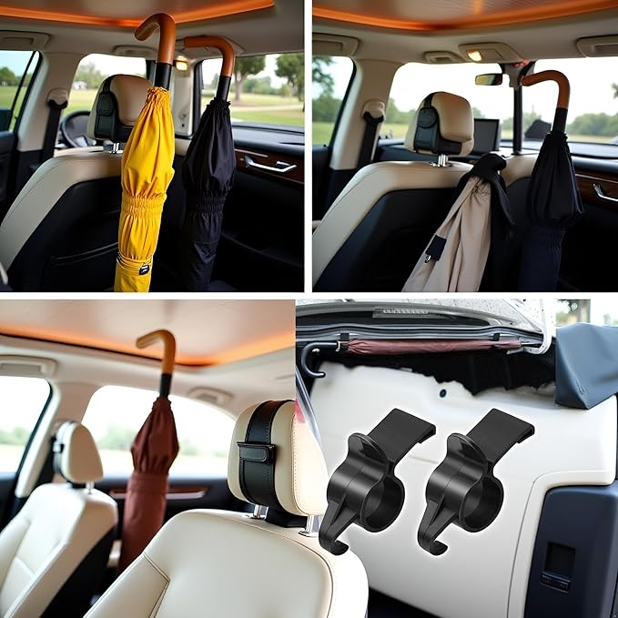 JJLFresheners 2 Pcs Car Umbrella Holder,Trunk Hooks Hanger Holder Clip,Universal Headrest Organizer Clip Portable Umbrella Trunk Back Purse Stand Bags, Multifunctional Car Back Seat Hanging Hooks