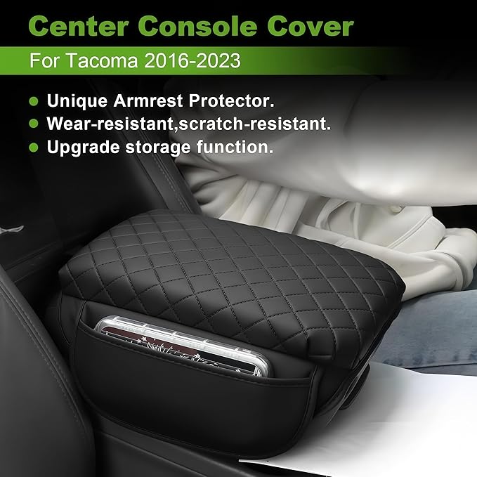 Armrest Cover for Toyota Tacoma Center Console Pad with Organizer Storage Pockets, Black Faux Leather Arm Rest Lid Protector Cushion Interior Accessories (2016-2023)
