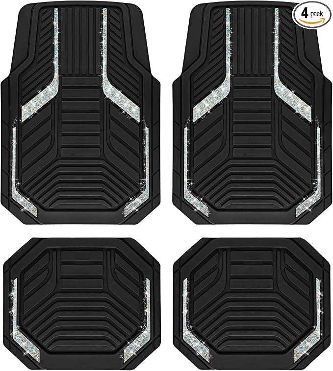 PIC AUTO Car Floor Mats, Leopard Sparkly Crystal Bling Glitter Car Mats Set, Front and Rear Heavy Duty Rubber Car Mats with Anti-Slip Backing, All Weather, Trim-to-Fit for Automotive SUVs, Sedan, Vans