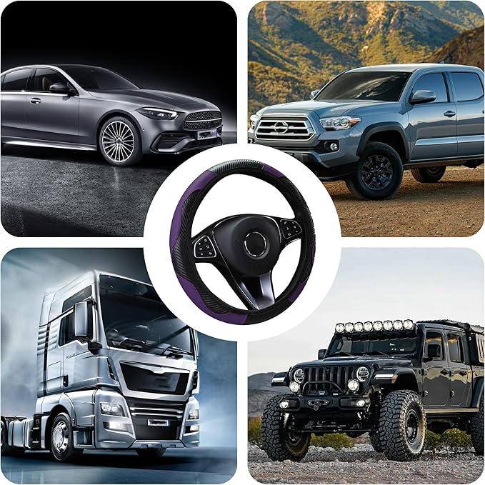 Car Steering Wheel Cover, 15 inch Carbon Fiber Microfiber PU Leather Elastic Steering Wheel Protector for Men Women,Universal Durable Car Decorative Fit for Most Cars, Trucks, SVU(Purple)