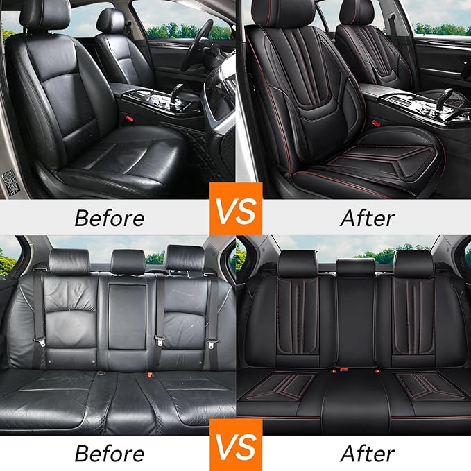 SCDOOCA Car Seat Covers Full Set, Luxury Leather Car Seat Covers, Waterproof and Breathable Seat Covers, Universal Car Seat Protector Fit for Cars, Trucks, SUVs, Pick-ups (Black&Red line, FullSet)