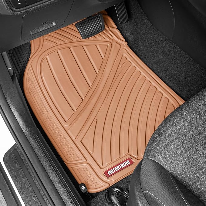 Motor Trend FlexTough Performance All Weather Rubber Car Floor Mats with Cargo Liner - Full Set Front & Rear Floor Mats for Cars Truck SUV, Automotive Floor Mats (Beige)