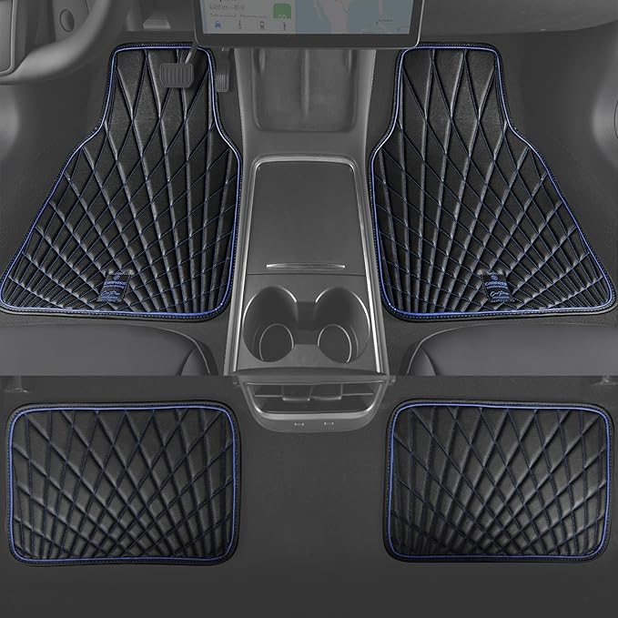 CAR PASS Faux Leather Floor Mats for Cars, Luxury Waterproof All Weather Car Mats Full Set, Anti-Slip Deluxe Automotive Mats Universal Fit for Most SUV,Vans,Sedans,Trucks, 4 Piece Black and Blue