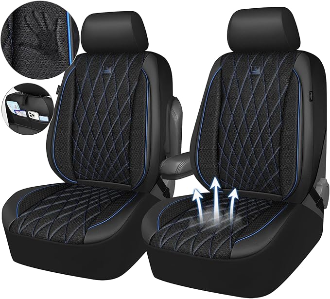 CAR PASS Thick Foam 3D Air Mesh Leather Car Seat Covers Front Seats Only, Breathable Premuim Leather Two Front Seat Cover, Airbag Compatible Universal Fit for Most Sedan Van Truck SUV,Black and Blue