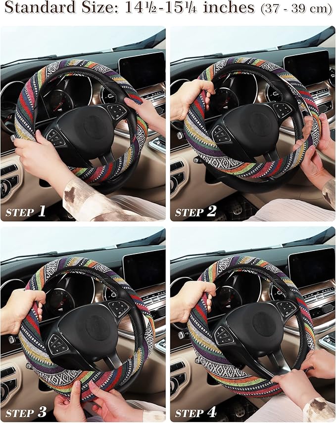 SEG Direct Boho Steering Wheel Cover with Baja Blanket Cloth, Ethnic Style Auto Wheel Cover Made of Coarse Flax, Fits 14 1/2-15 1/4 inches Car Wheel