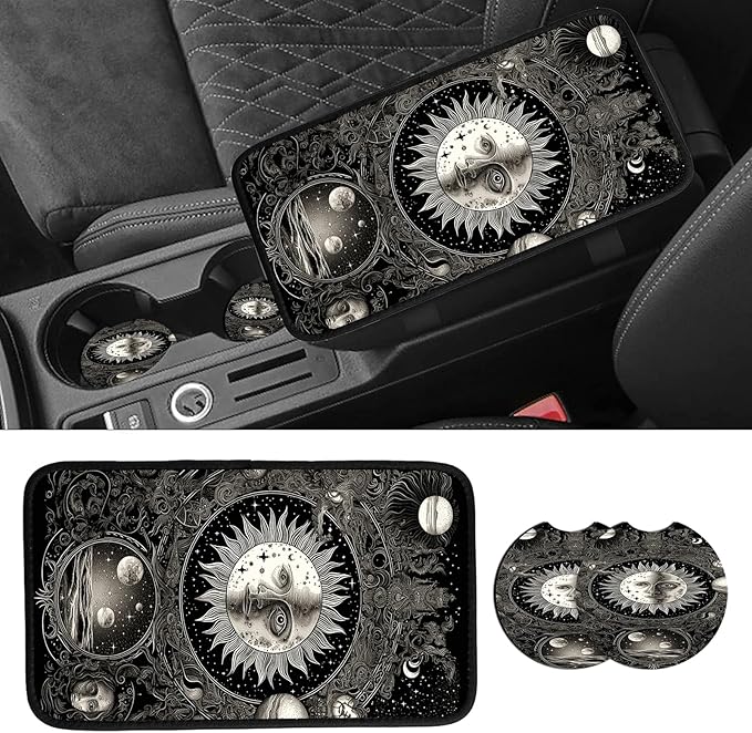 JANENFNA Car Armrest Cover Pads Universal Fashion Cute Auto Center Console Armrest Cover Pad with 2PCS Car Coasters Soft Waterproof Car Armrest Seat Protector for Women,Sun Moon Star