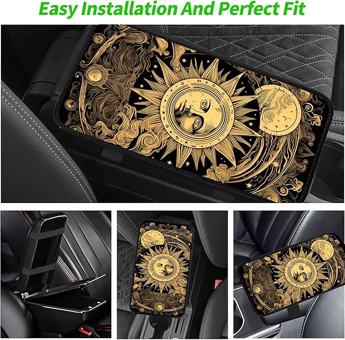JANENFNA Car Armrest Cover Pads Universal Fashion Cute Auto Center Console Armrest Cover Pad with 2PCS Car Coasters Soft Waterproof Car Armrest Seat Protector for Women,Stargazing Sun and Moon
