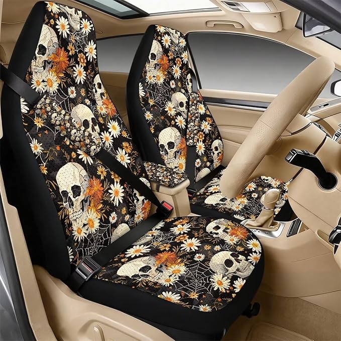 Oramclsy Skull Car Front Seat Set + PU Breathable Armrest Pad Seat Belt Covers 5 Pack Daisy Car Accessories Universal Auto Protector