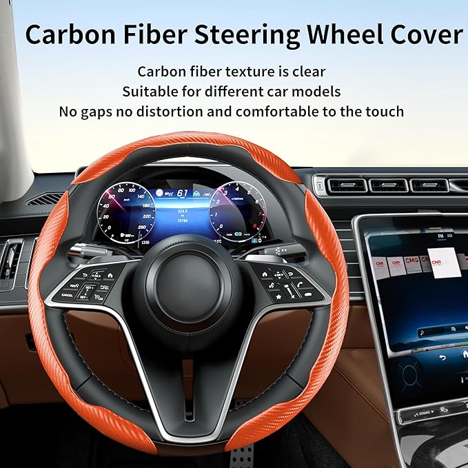 LevChall Carbon Fiber Steering Wheel Cover, 3-Piece Set Anti-Skid Comfortable Grip Segmented Butterfly Design, Easy Snap-On Installation Universal Fit 99% Cars, Orange