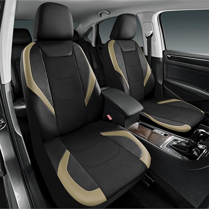 Road Comforts Car Seat Cover Full Set, Leather Mesh Seat Covers, Airbag Compatible, Universal Fit for Most Cars, SUVs, Trucks, and Vans - Beige