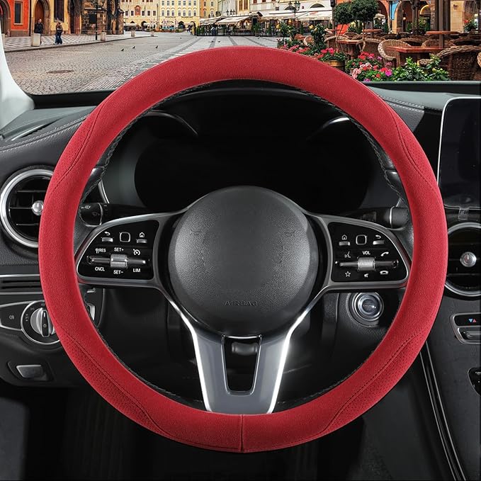 Red Suede Steering Wheel Cover, Breathable Non-Slip Sweat-Proof Wear-Resistant No Pilling, Warm in Winter and Cool in Summer, Universal 15 inch
