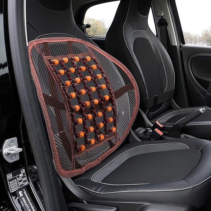 Car Seat Cushion Lumbar Support Pillow with Wood Beads and Ventilated Backrest, Breathable Car Waist Cushion for Driving, Office Chair, and Long Sitting