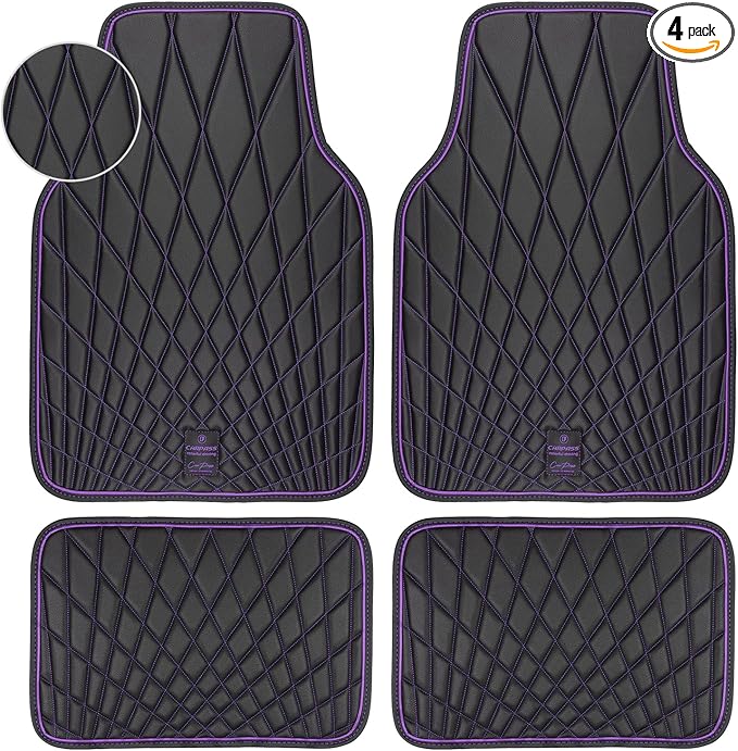 CAR PASS Faux Leather Floor Mats for Cars, Luxury Waterproof All Weather Car Mats Full Set, Anti-Slip Deluxe Automotive Mats Universal Fit for Most SUV Vans Sedans Trucks, 4 Piece Black and Purple