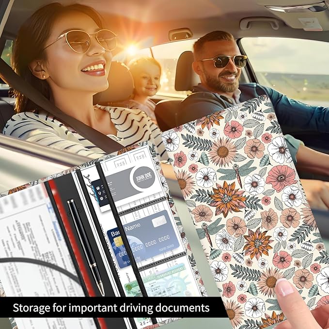 BAUCIWLD Premium Car Registration and Insurance Card Holder, Cute PU Leather Car Document Holder, Vehicle Glove Box Car Organizer with Magnetic Closure for Driver License, Cards Boho Flowers