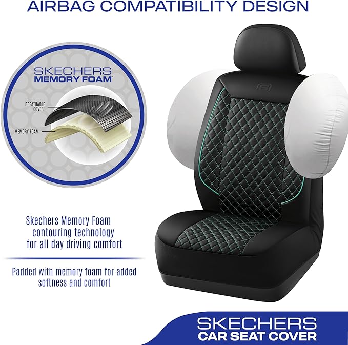 Skechers Car Seat Covers,Piping Luxury Faux Seat Covers,Waterproof Anti Slip Car Seat Protector Full Set,Car Accessories Airbag Universal Fit for Most Cars,Vans,Trucks,SUV,Mint