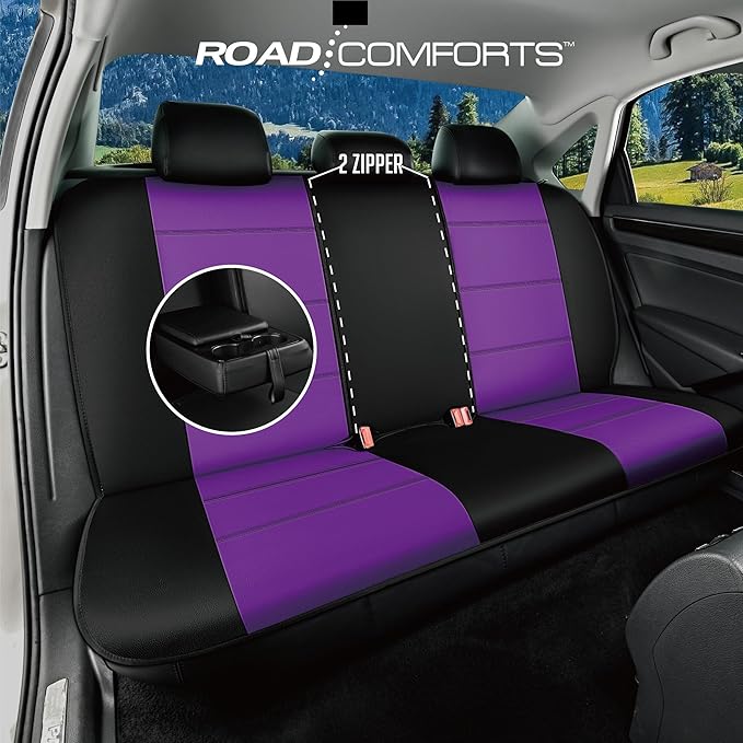 Road Comforts Car Seat Cover, Leather Car Seat Cover Full Set, Automotive Seat Covers, Airbag Compatible Universal Fit for Most Cars (Purple)