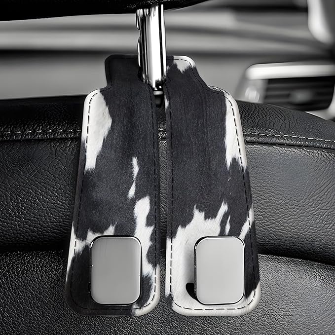 AXBSAKDI Car Seat Back Storage Headrest Hook, Premium Leather Double Metal Hook, Hanger Storage Organizer for Purse Cloth Bag, Car Interior Accessories Black White Cowhide