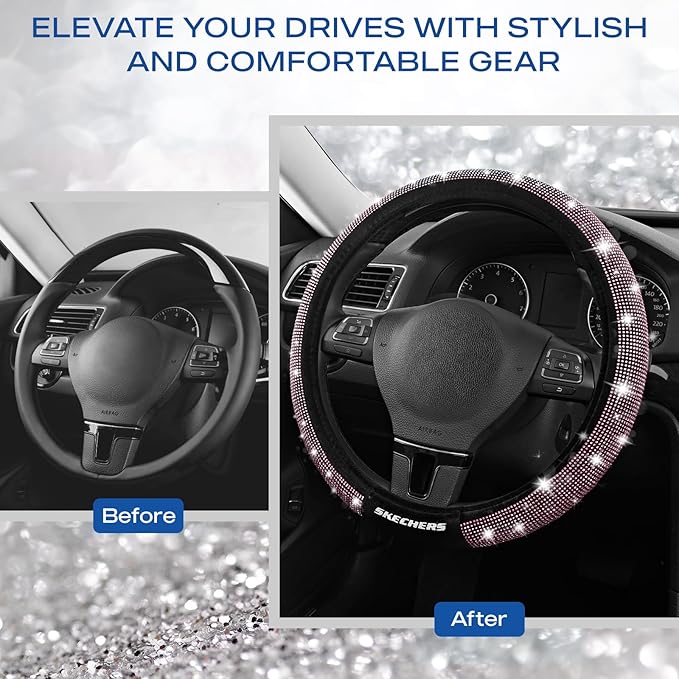 Skechers Women’s Bling Steering Wheel Cover, Velvet with Sparkly Crystal Rhinestones, Stylish Car Interior Gift, Universal Fit 14" 1/2-15" for Cars, SUVs, Trucks, Pink Diamond