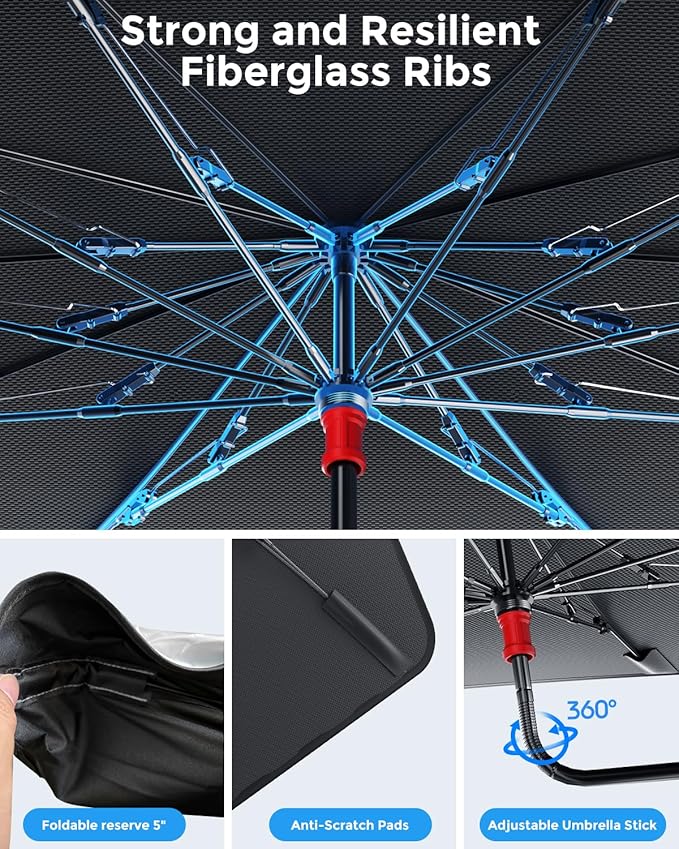 [Upgrade] DMJN Umbrella Windshield Sun Shade, [Nano-Ice-Crystal Coatings] Umbrella Sunshade for Car - Protect Interior from UV & Keep Car Cooler (Large)