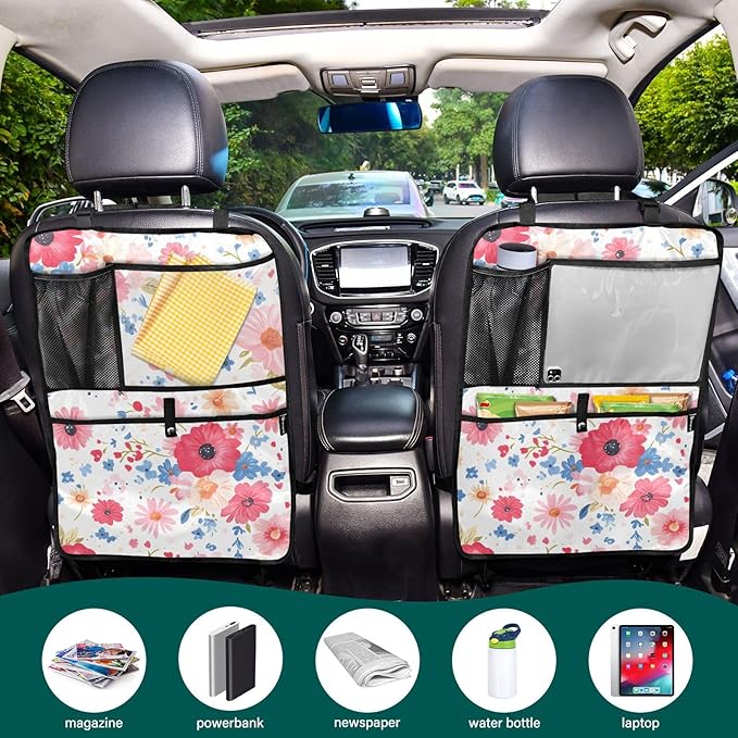JIPONI Car Backseat Organizer, Color Red Flower Automotive Back Seat Protector, Kick Mats with Storage Pockets for Kids Pets, Road Trip Accessories