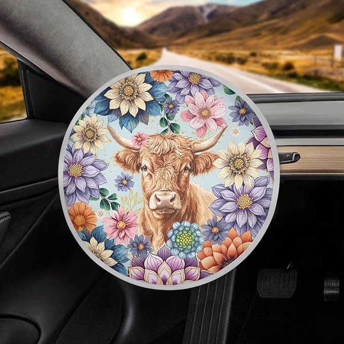 Highland Cow Reflective Steering Wheel Shield Sunshade Flower Car Rudder Sun Shade Cover 17 Inch Universal Steering Wheel Sun Block for Most Vehicle Gift for Holiday