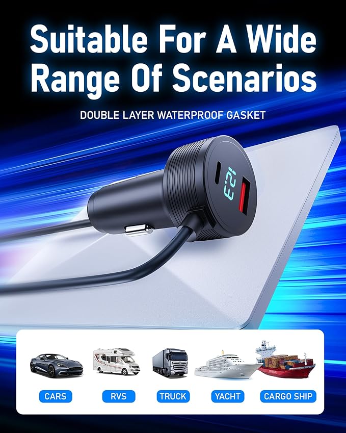Starlink Mini Car Adapter, 12V-24V Car Charger with USB-C & USB-A Ports, 3-in-1 Aluminum Alloy Power Cable, Waterproof 10FT Cord with LED Voltage Display, Starlink Mini Accessories