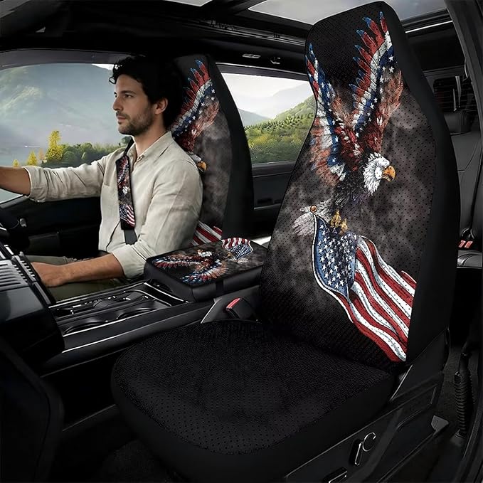 Qeluxign PU Leather Car Seat Covers Set - Includes 2 Seat Protectors, 2 Shoulder Pad Covers, 1 Armrest Cover for Car Decoration,American Flag Bald Eagle