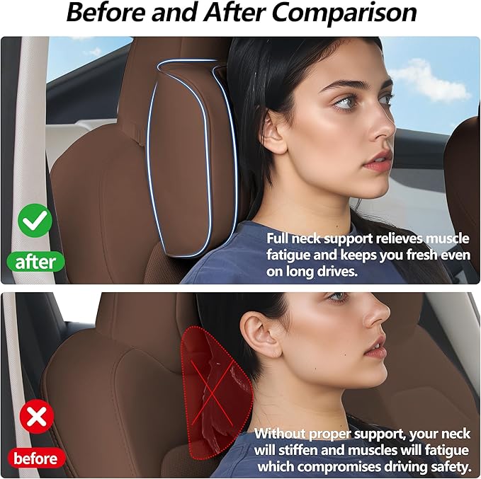 Dapucarin Car Headrest Pillow U-Shaped, Memory Foam Head Neck Support Cushion for Driving, Leather Head Rest Travel Pillows for Sleeping, Breathable Removable Cover, Brown, 1 Pack